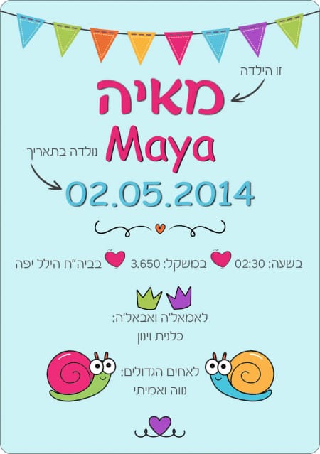 תעודת לידה מעוצבת לתינוקת