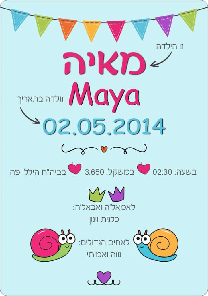 תעודת לידה מעוצבת לתינוקת